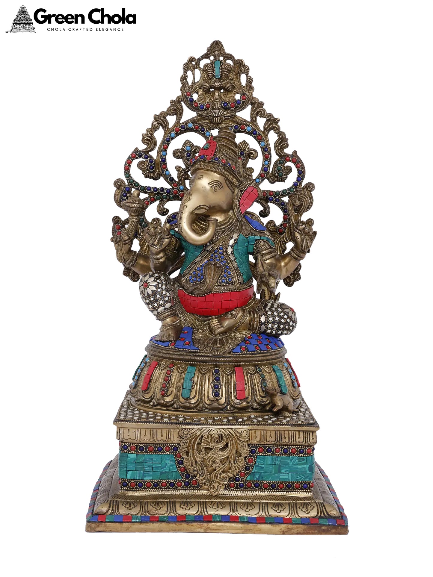 20-inch Lord Ganesha Inlay Brass Statue Seated on Pedestal with Kirtimukha