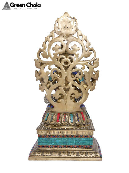 20-inch Lord Ganesha Inlay Brass Statue Seated on Pedestal with Kirtimukha