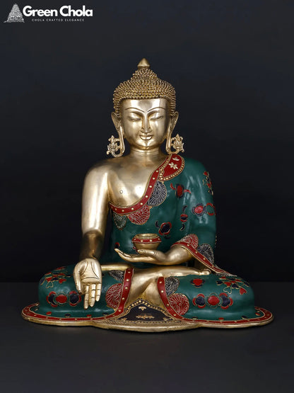 17-inch Small Lord Buddha Brass Statue in Varada Mudra with Inlay Work