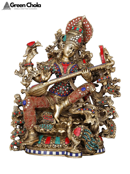 17-inch Four-Armed Goddess Saraswati Brass Idol with Inlay Work