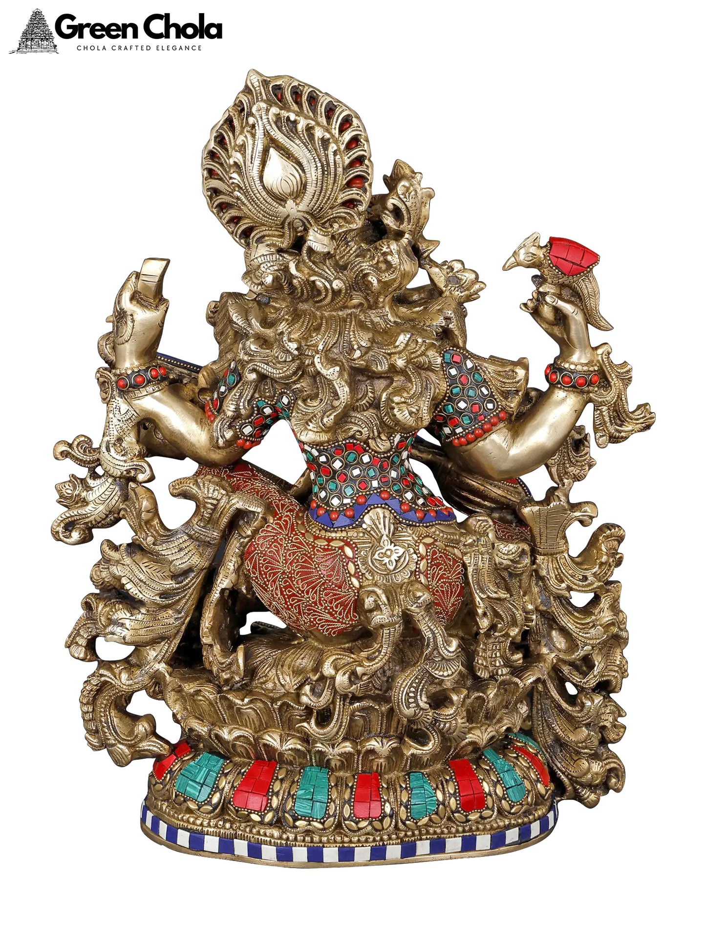 17-inch Four-Armed Goddess Saraswati Brass Idol with Inlay Work