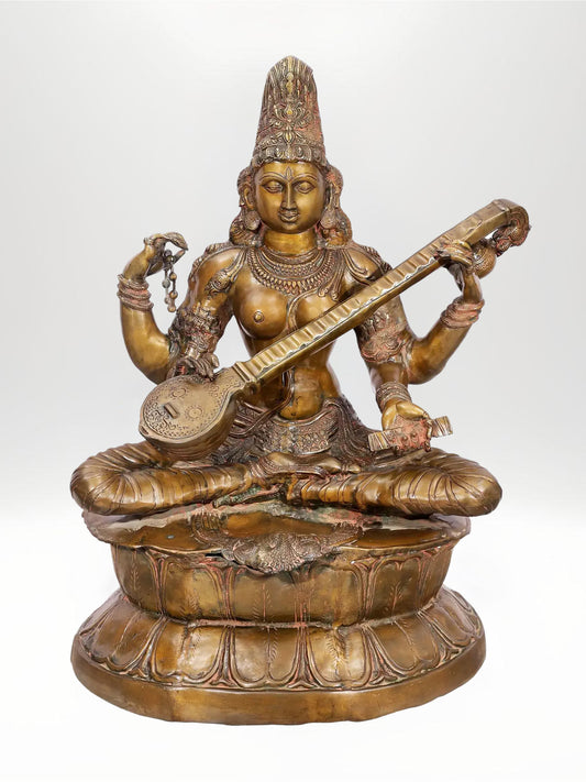 34-Inch Large Kamalasana Saraswati Brass Statue Seated on a Lotus