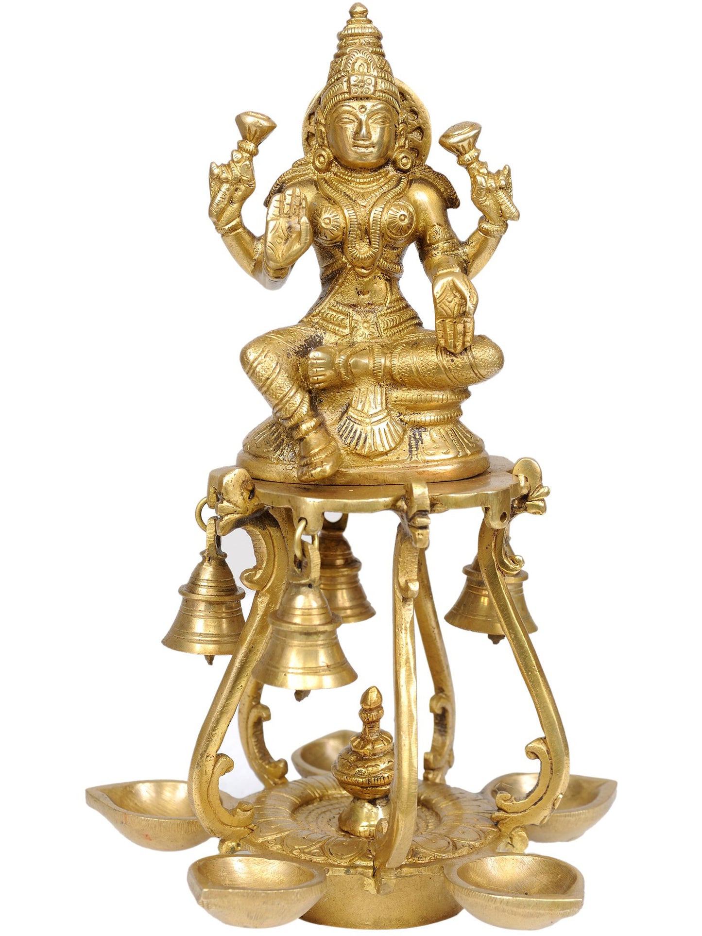 9" Auspicious Lakshmi Lamp With Bells In Brass | Handmade Brass Lamp For Gifting