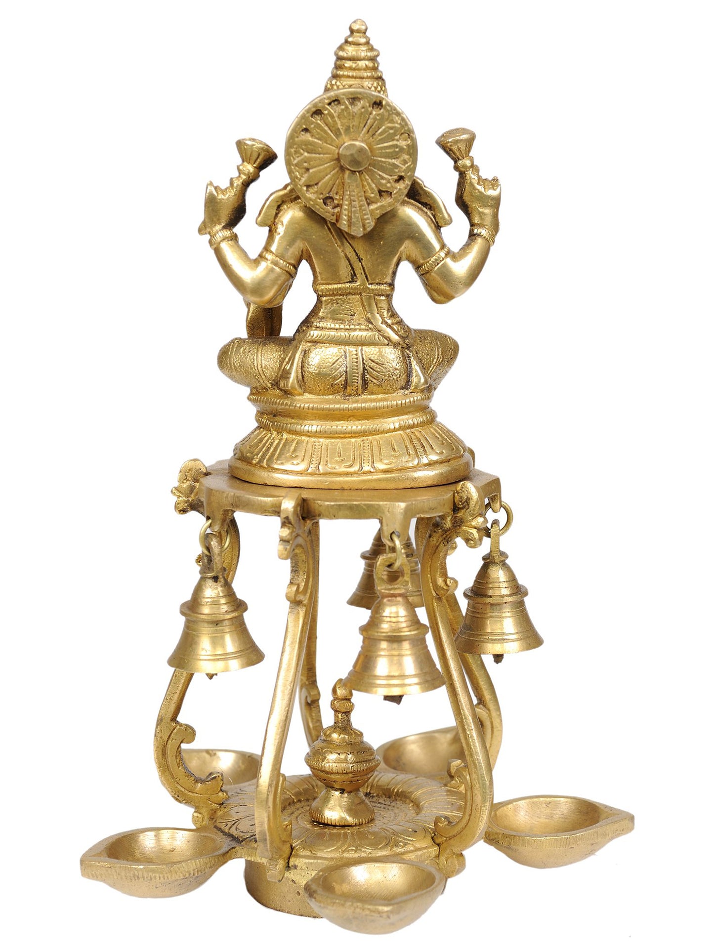 9" Auspicious Lakshmi Lamp With Bells In Brass | Handmade Brass Lamp For Gifting