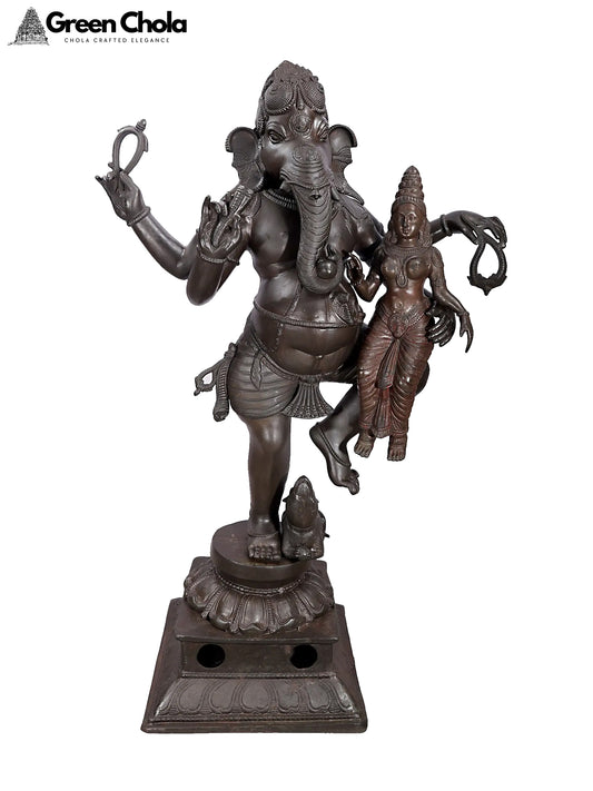 Large Nritya Ganapati Statue with Shakti | Handmade Brass Idol 65-Inch