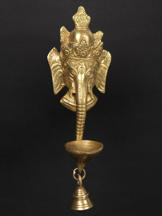 11" Lord Ganesha Wall Hanging Mask With Brass Lamp And Bell | Handmade Brass Lamp For Gifting