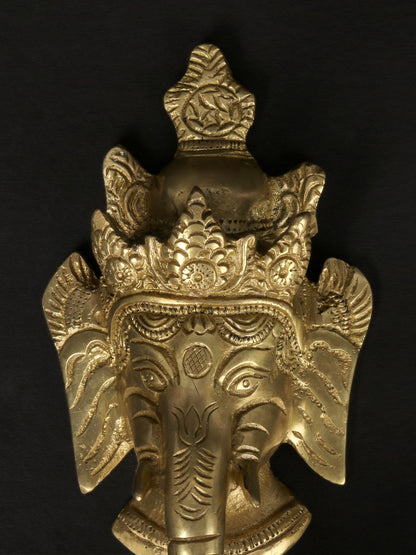 11" Lord Ganesha Wall Hanging Mask With Brass Lamp And Bell | Handmade Brass Lamp For Gifting