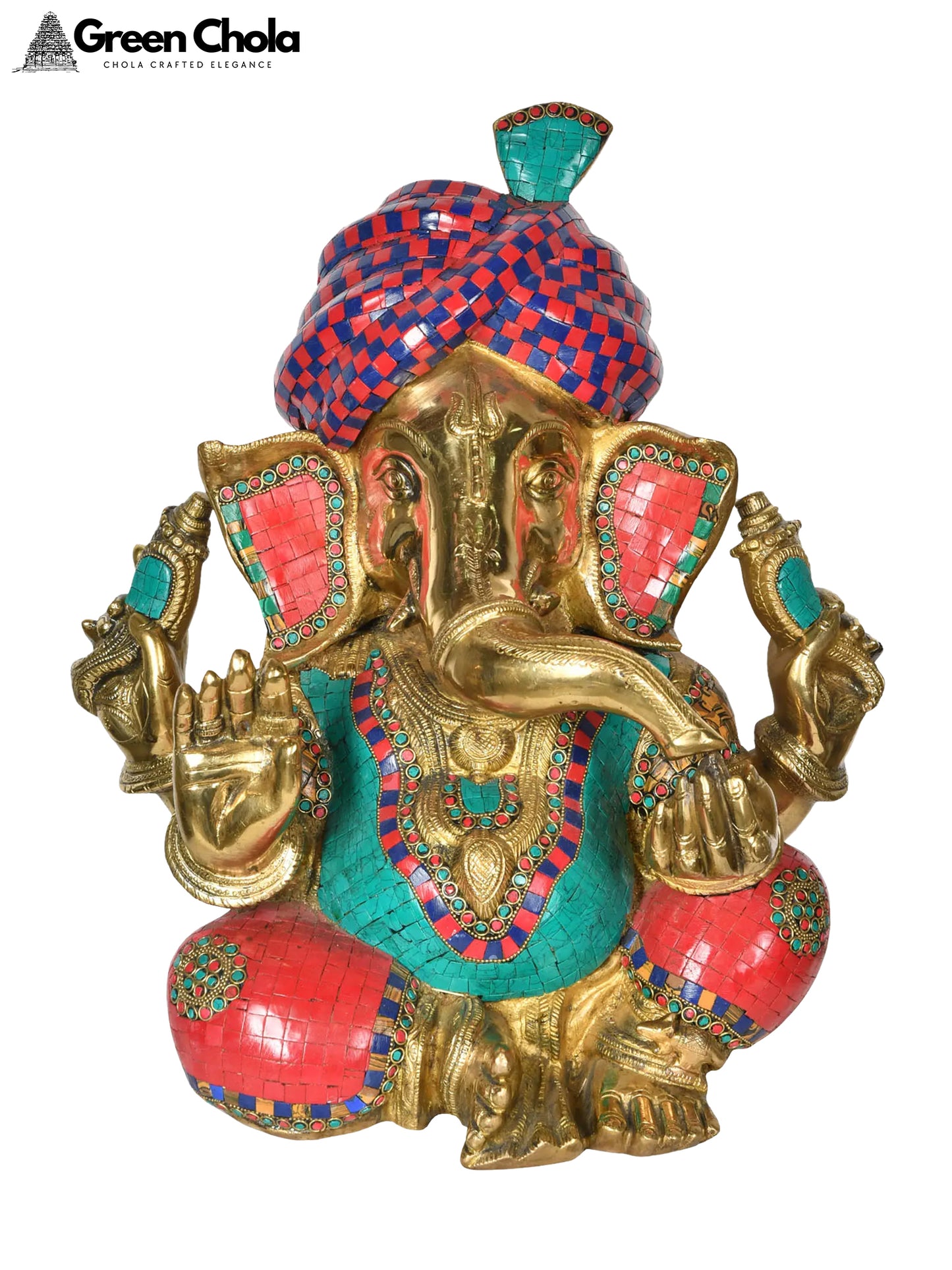 17-inch Turbaned Ganesha Brass Statue with Inlay Work