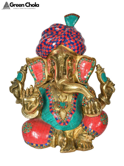 17-inch Turbaned Ganesha Brass Statue with Inlay Work