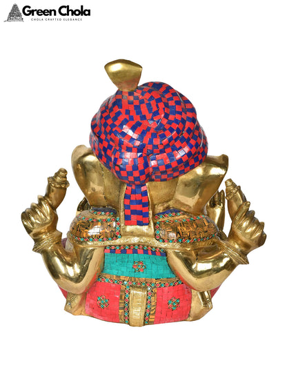 17-inch Turbaned Ganesha Brass Statue with Inlay Work