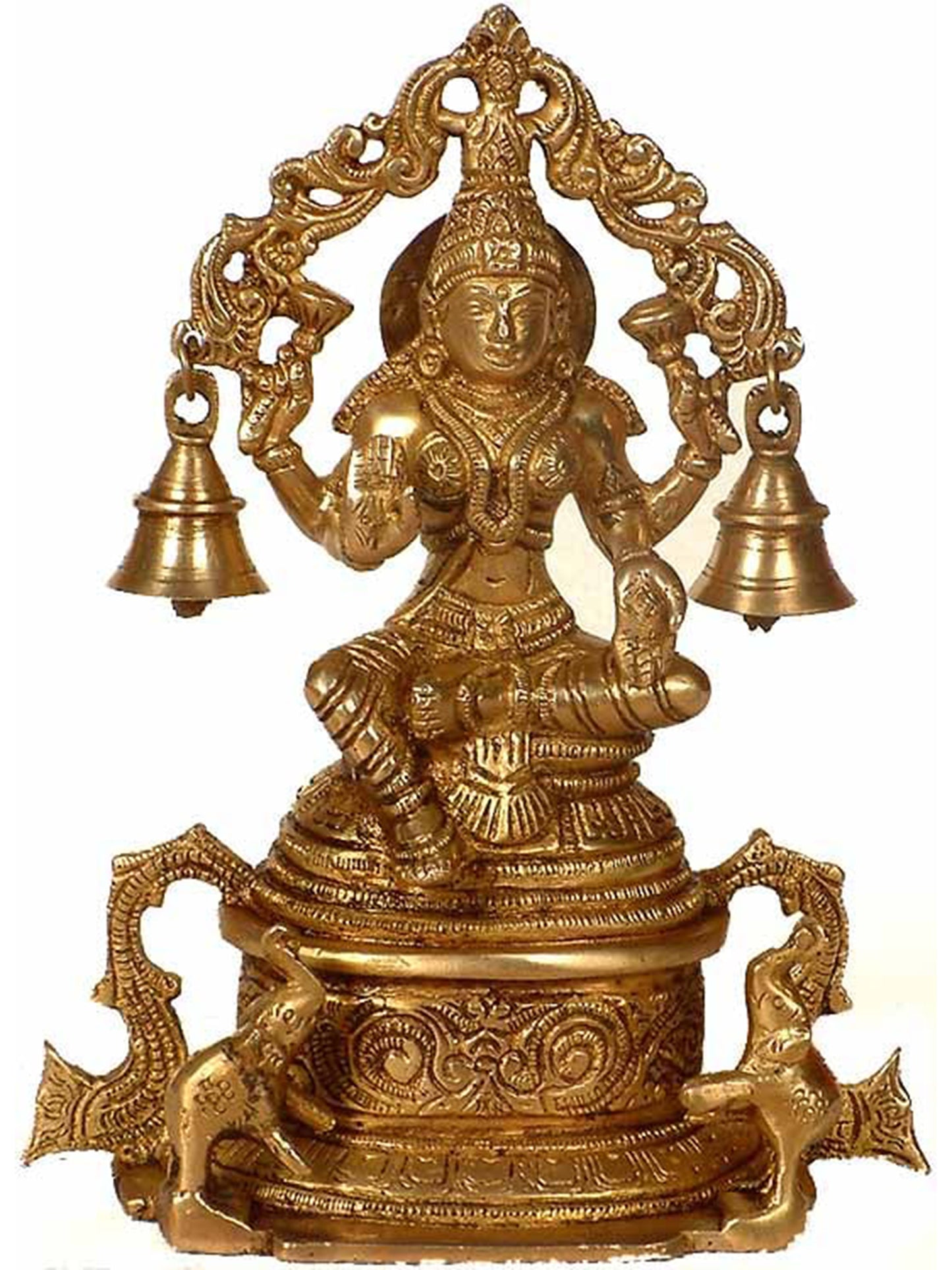 8" Goddess Lakshmi Statue With Elephants And Bells In Brass | Handmade Brass Statue For Gifting