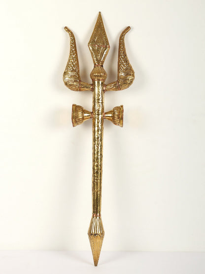 Lord Shiva'S Designer Trishul With Damru In Brass | Handmade Brass Trident