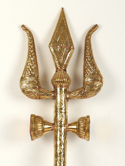 Lord Shiva'S Designer Trishul With Damru In Brass | Handmade Brass Trident