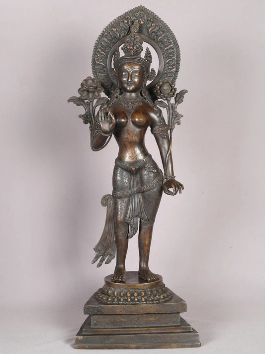 24" Standing Monotone Goddess Tara Copper Idol From Nepal | Handmade | Goddess Statue