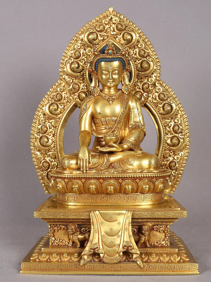 11" Crowned Shakyamuni Buddha Copper Statue With Gold Plated  | Handmade Lord Buddha Statue