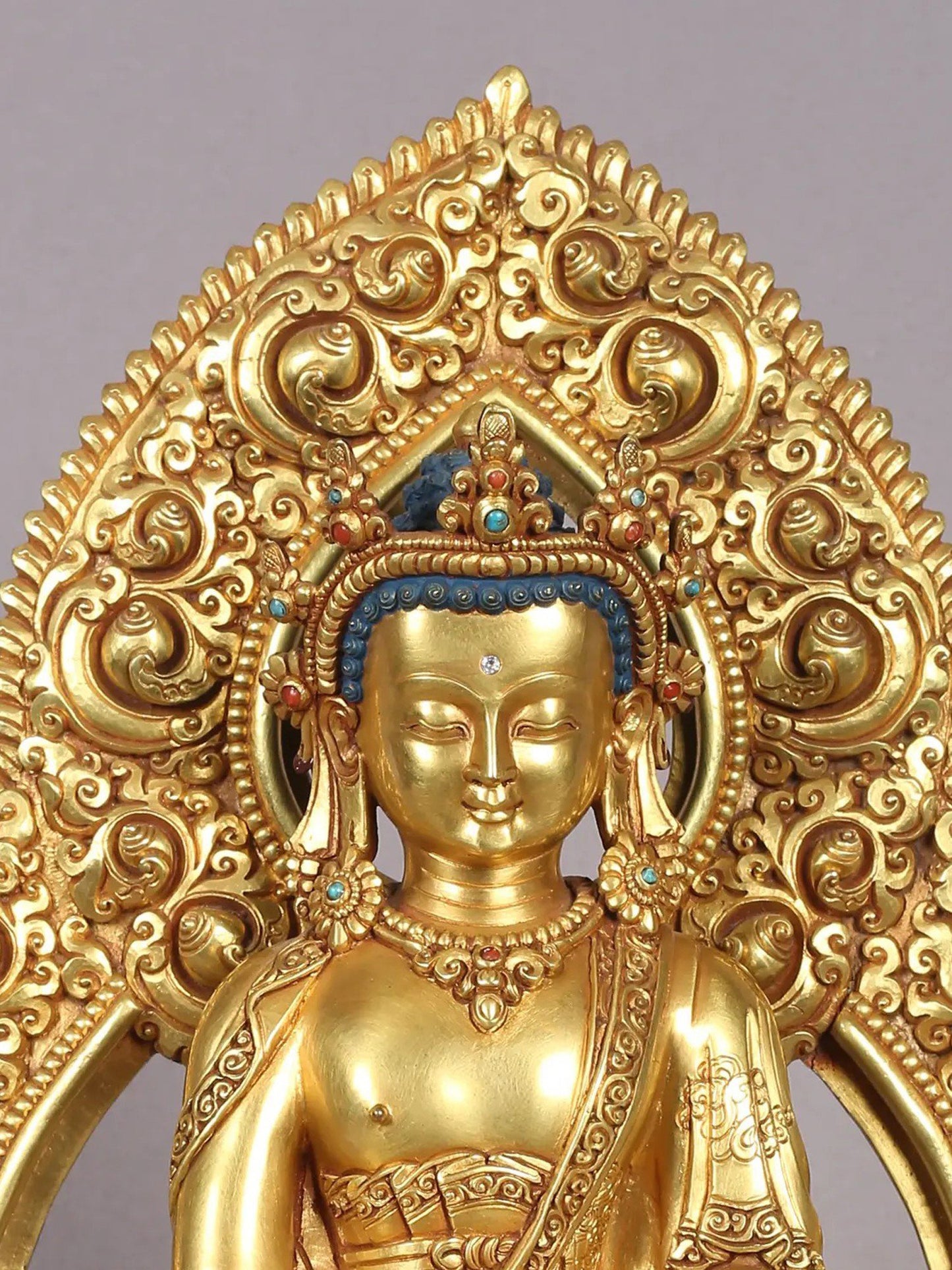 11" Crowned Shakyamuni Buddha Copper Statue With Gold Plated  | Handmade Lord Buddha Statue