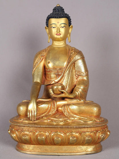 14" Shakyamuni Buddha Idol From Nepal |  Handmade Buddha Figurine |  Copper Statue With Gold Finish