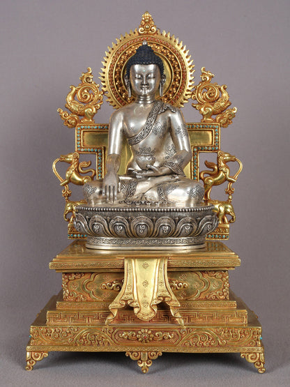 11" Shakyamuni Buddha On A Golden Throne In Copper And Silver With Gold Plated | Handmade