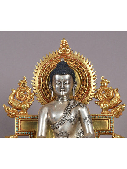 11" Shakyamuni Buddha On A Golden Throne In Copper And Silver With Gold Plated | Handmade