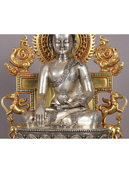 11" Shakyamuni Buddha On A Golden Throne In Copper And Silver With Gold Plated | Handmade