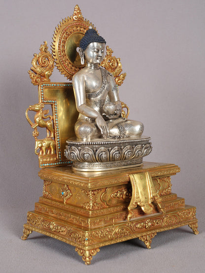 11" Shakyamuni Buddha On A Golden Throne In Copper And Silver With Gold Plated | Handmade