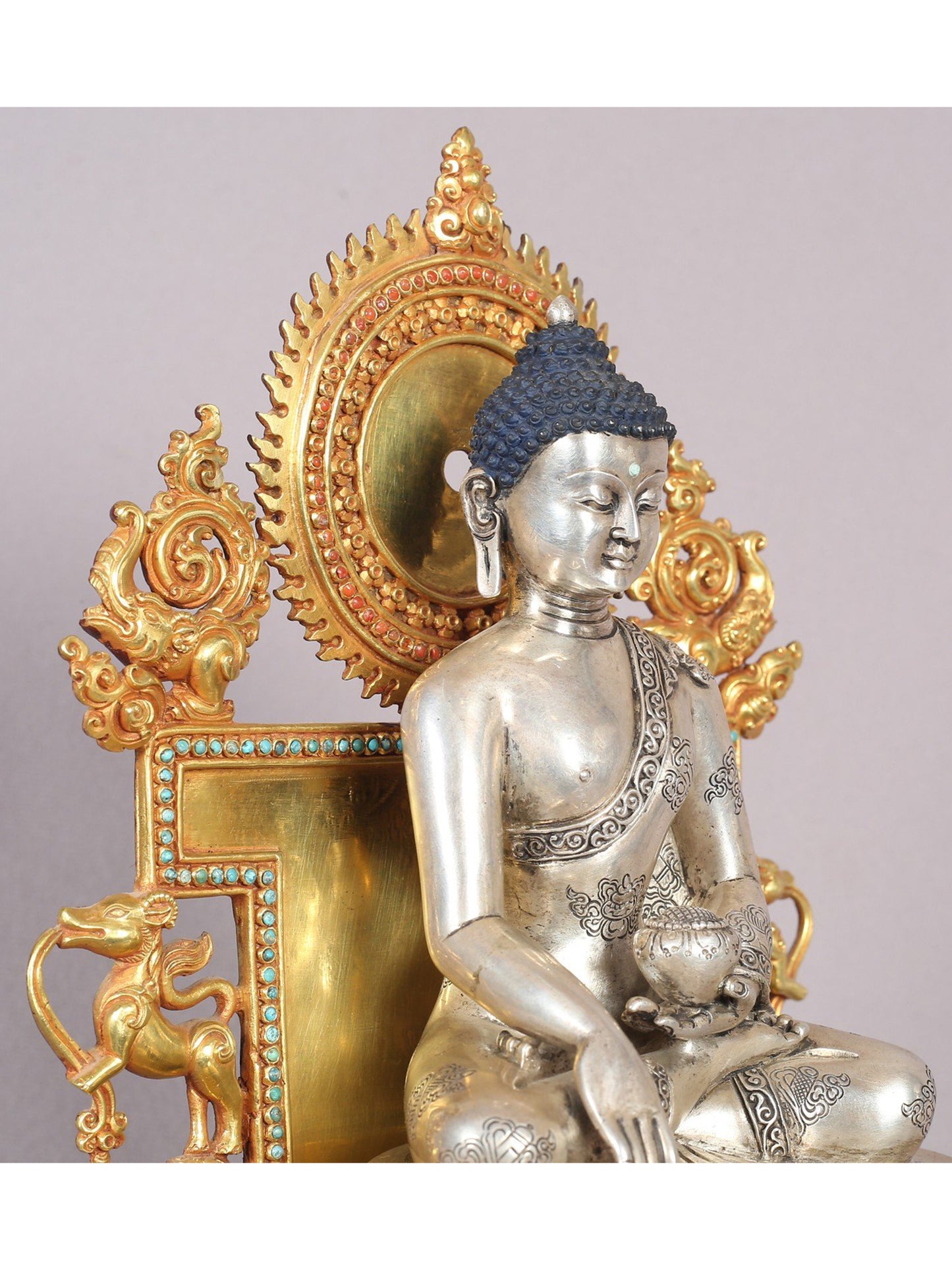 11" Shakyamuni Buddha On A Golden Throne In Copper And Silver With Gold Plated | Handmade