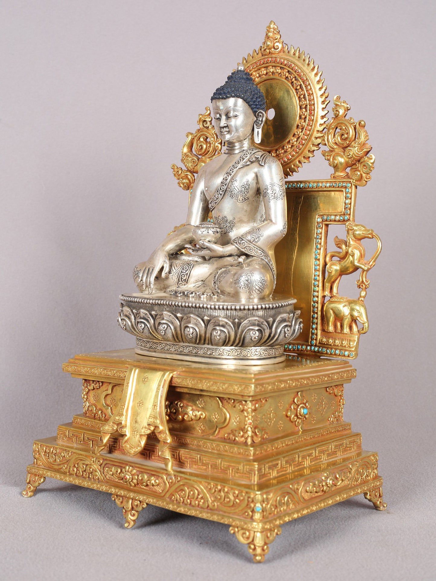 11" Shakyamuni Buddha On A Golden Throne In Copper And Silver With Gold Plated | Handmade