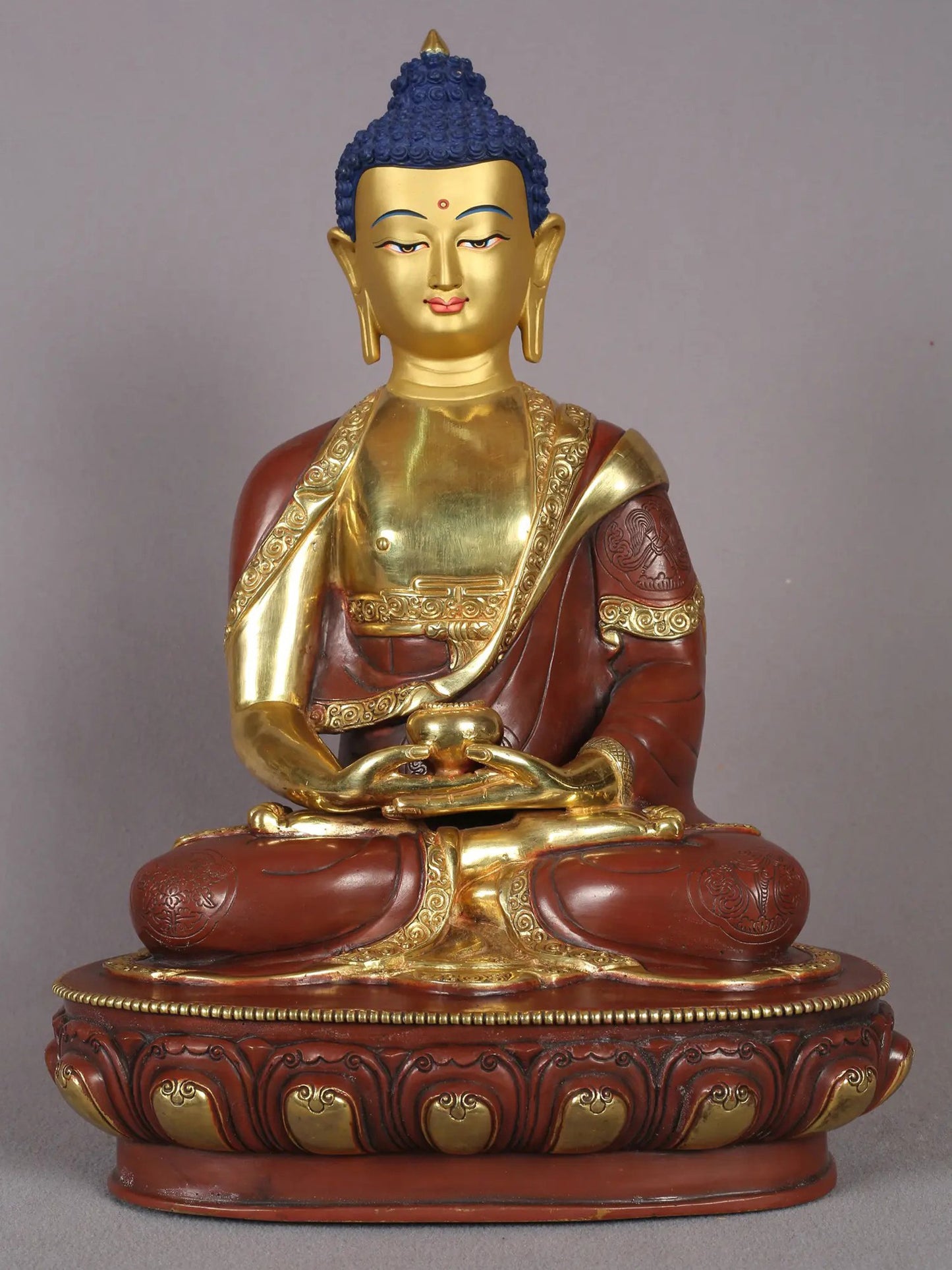 12" Amitabha Buddha Statue In Copper Idol With Gold Plated | Handmade Buddha Statue