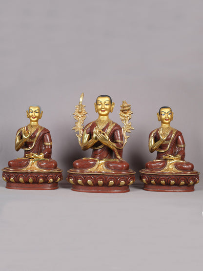 12" Tsongkhapa Statue In Copper With Gold Plated (Set of 3) From Nepal | Handmade Idol