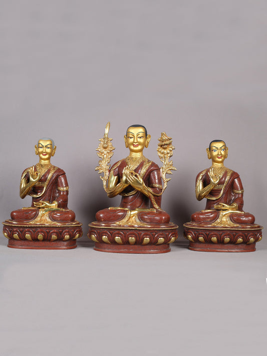 12" Tsongkhapa Statue In Copper With Gold Plated (Set of 3) From Nepal | Handmade Idol