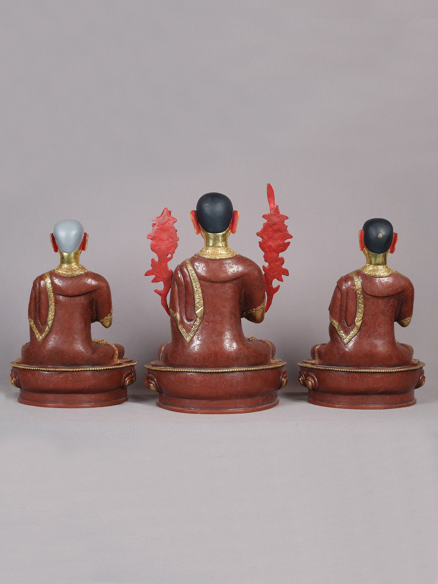 12" Tsongkhapa Statue In Copper With Gold Plated (Set of 3) From Nepal | Handmade Idol