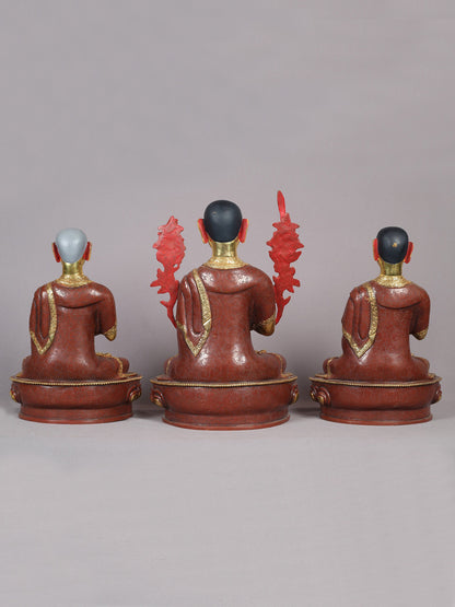 12" Tsongkhapa Statue In Copper With Gold Plated (Set of 3) From Nepal | Handmade Idol