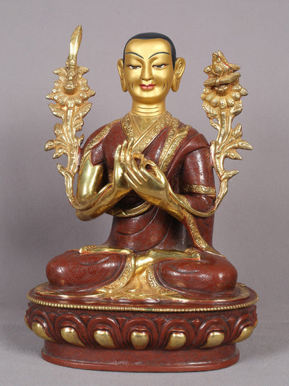 12" Tsongkhapa Statue In Copper With Gold Plated (Set of 3) From Nepal | Handmade Idol