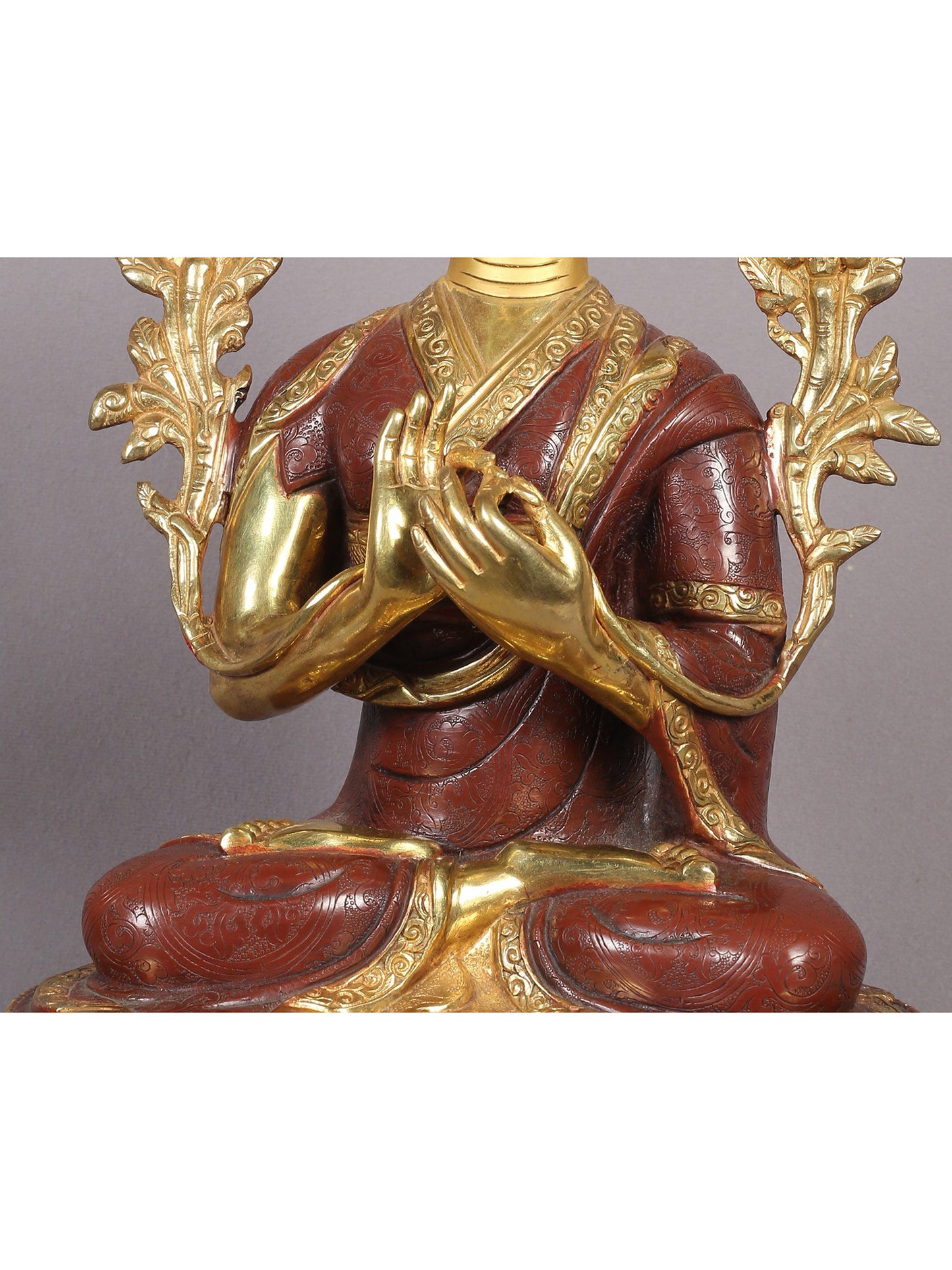 12" Tsongkhapa Statue In Copper With Gold Plated (Set of 3) From Nepal | Handmade Idol