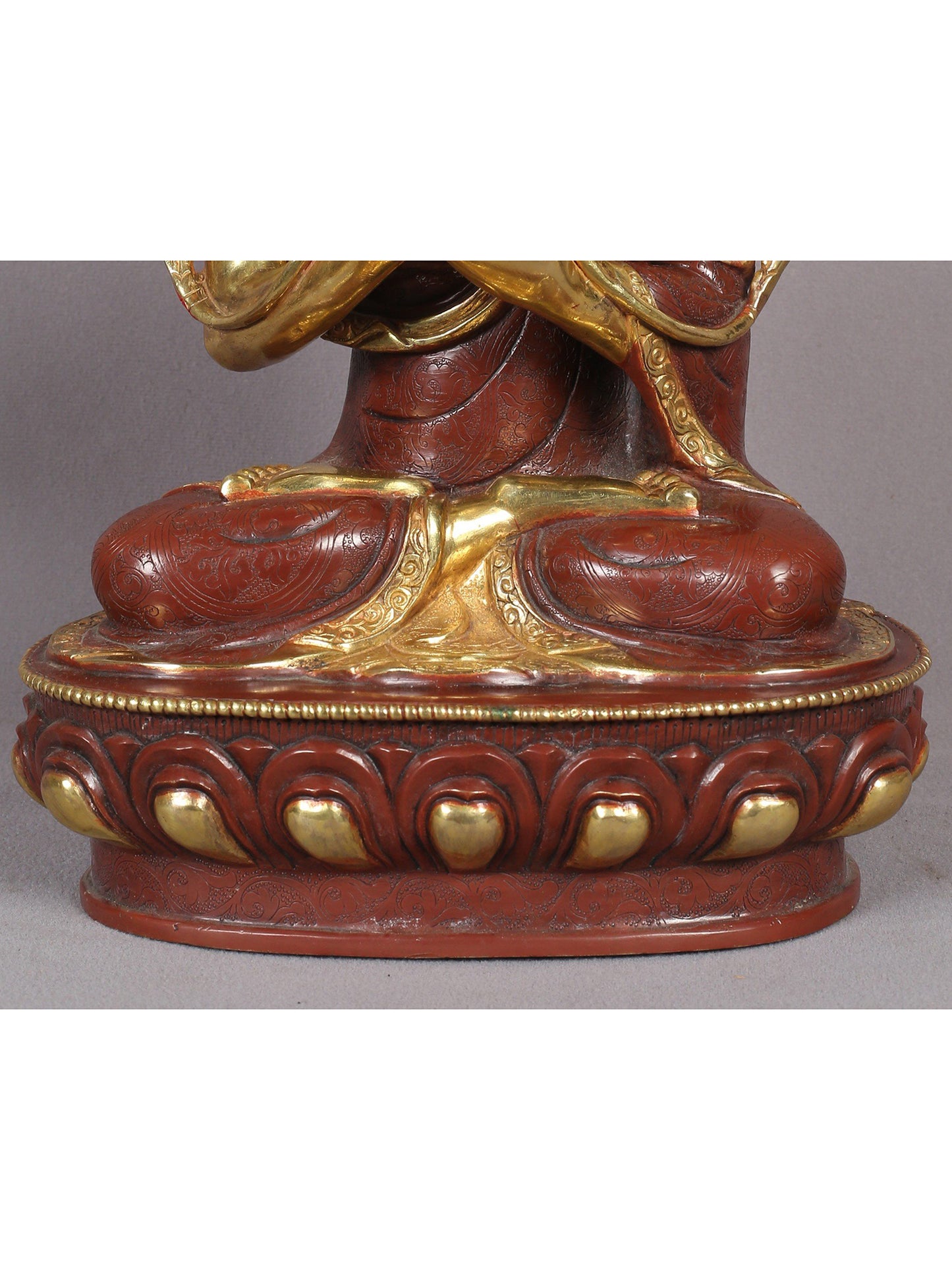 12" Tsongkhapa Statue In Copper With Gold Plated (Set of 3) From Nepal | Handmade Idol