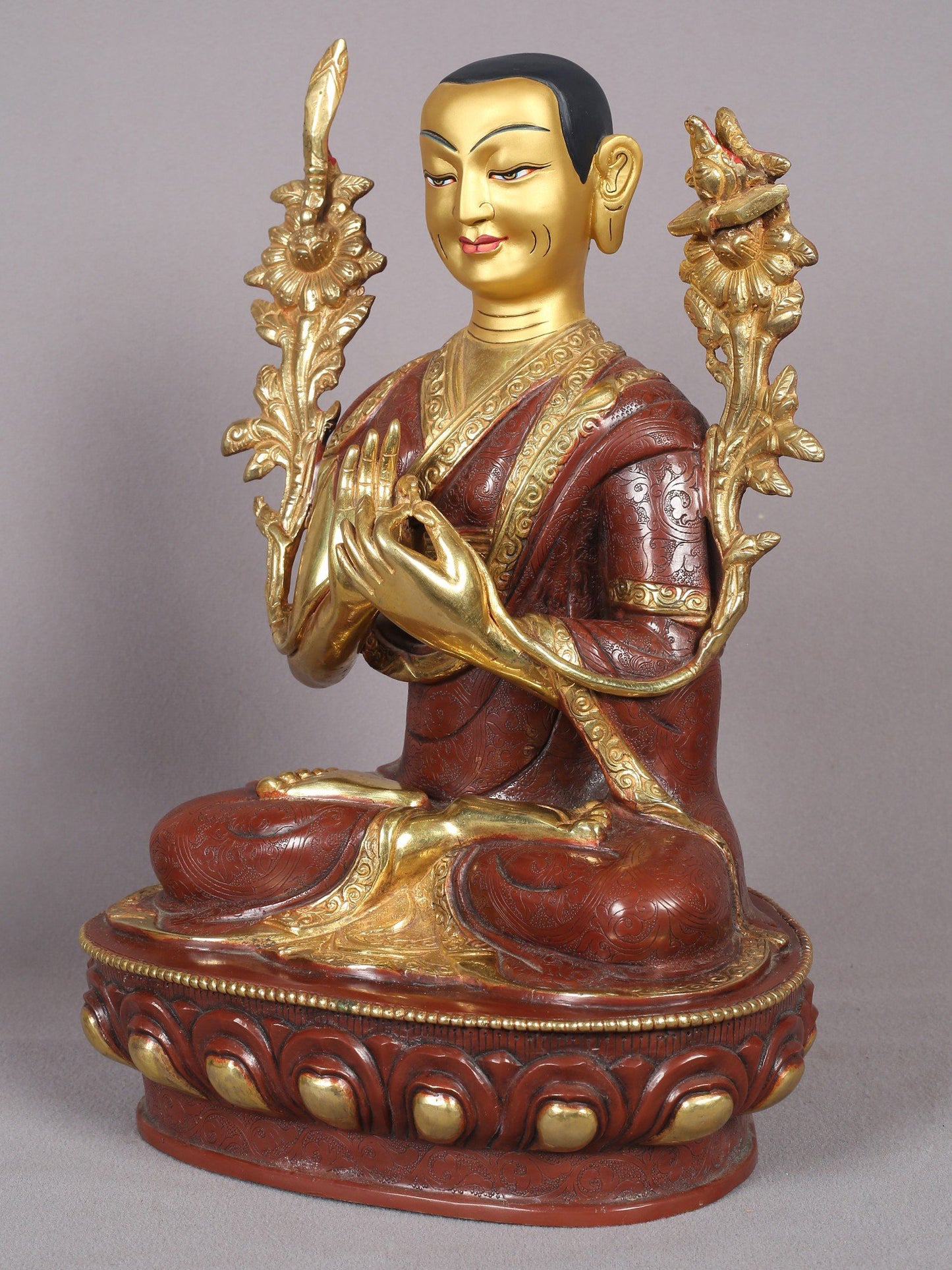 12" Tsongkhapa Statue In Copper With Gold Plated (Set of 3) From Nepal | Handmade Idol