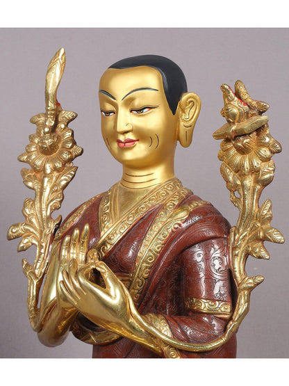 12" Tsongkhapa Statue In Copper With Gold Plated (Set of 3) From Nepal | Handmade Idol