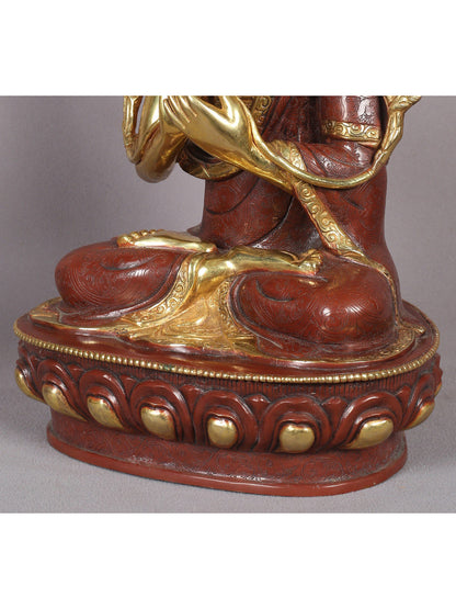 12" Tsongkhapa Statue In Copper With Gold Plated (Set of 3) From Nepal | Handmade Idol