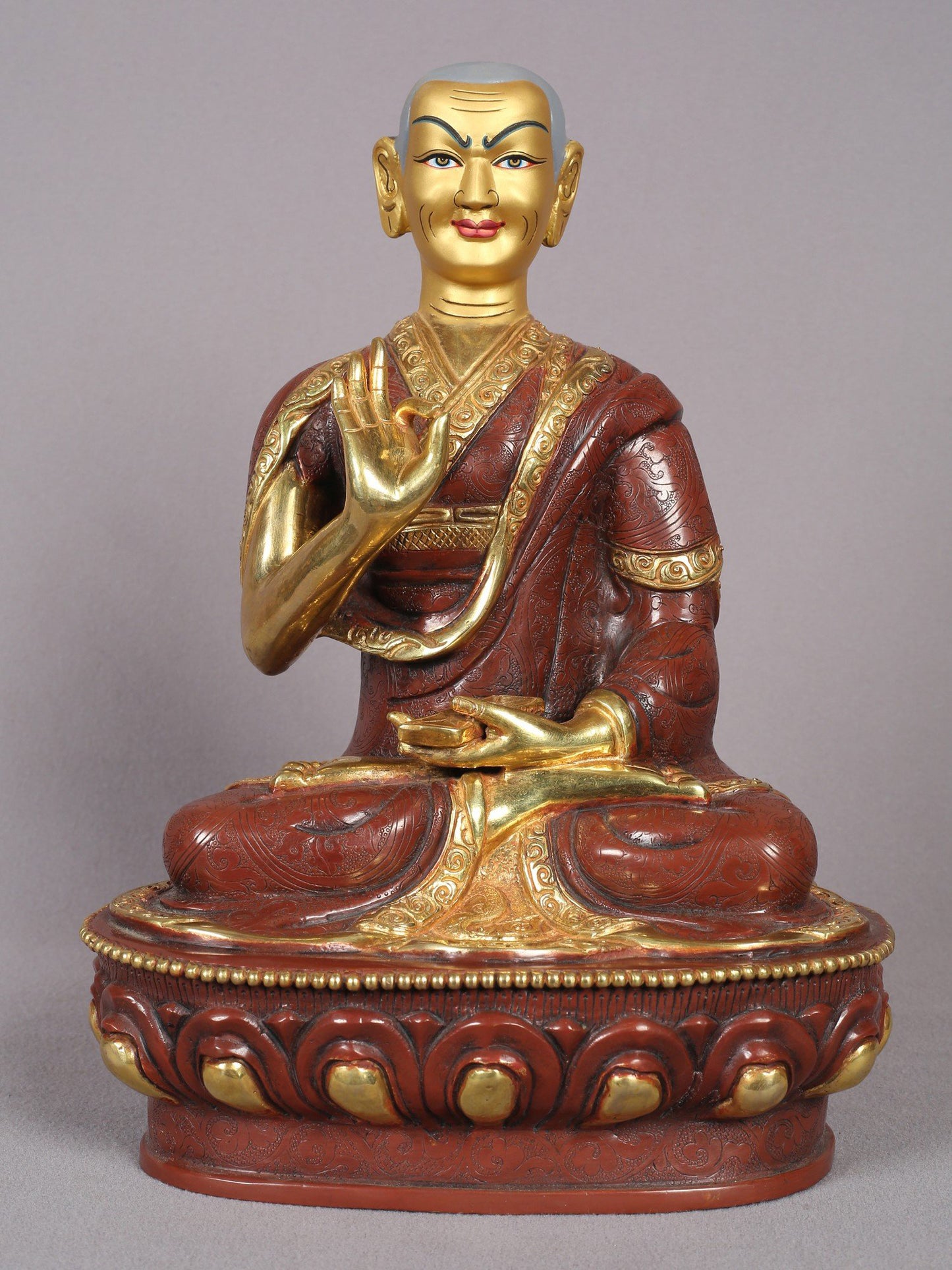 12" Tsongkhapa Statue In Copper With Gold Plated (Set of 3) From Nepal | Handmade Idol