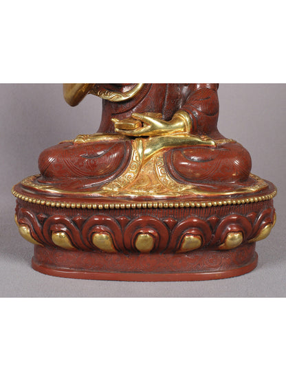 12" Tsongkhapa Statue In Copper With Gold Plated (Set of 3) From Nepal | Handmade Idol