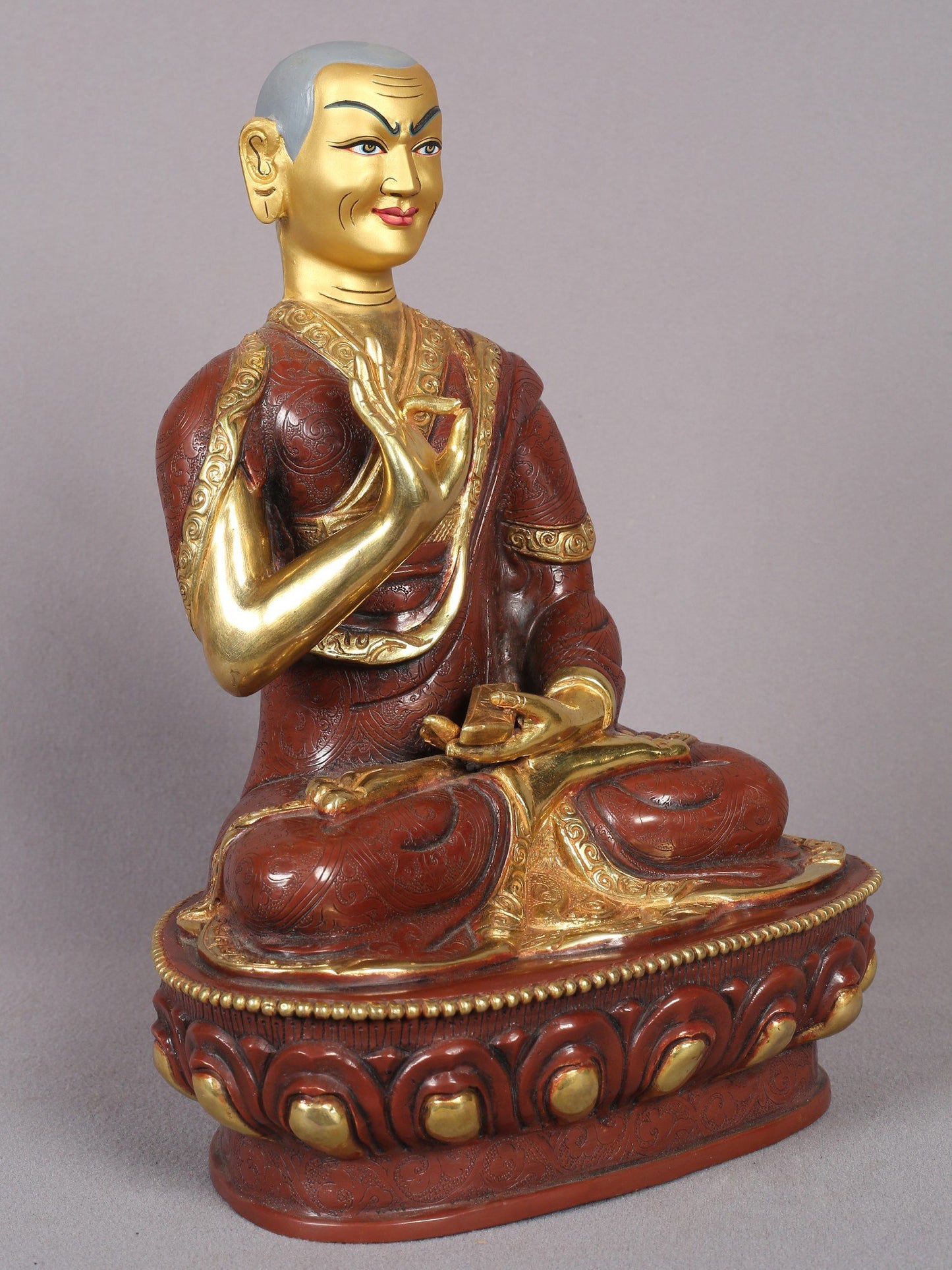 12" Tsongkhapa Statue In Copper With Gold Plated (Set of 3) From Nepal | Handmade Idol