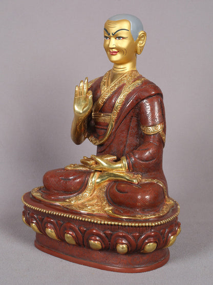 12" Tsongkhapa Statue In Copper With Gold Plated (Set of 3) From Nepal | Handmade Idol