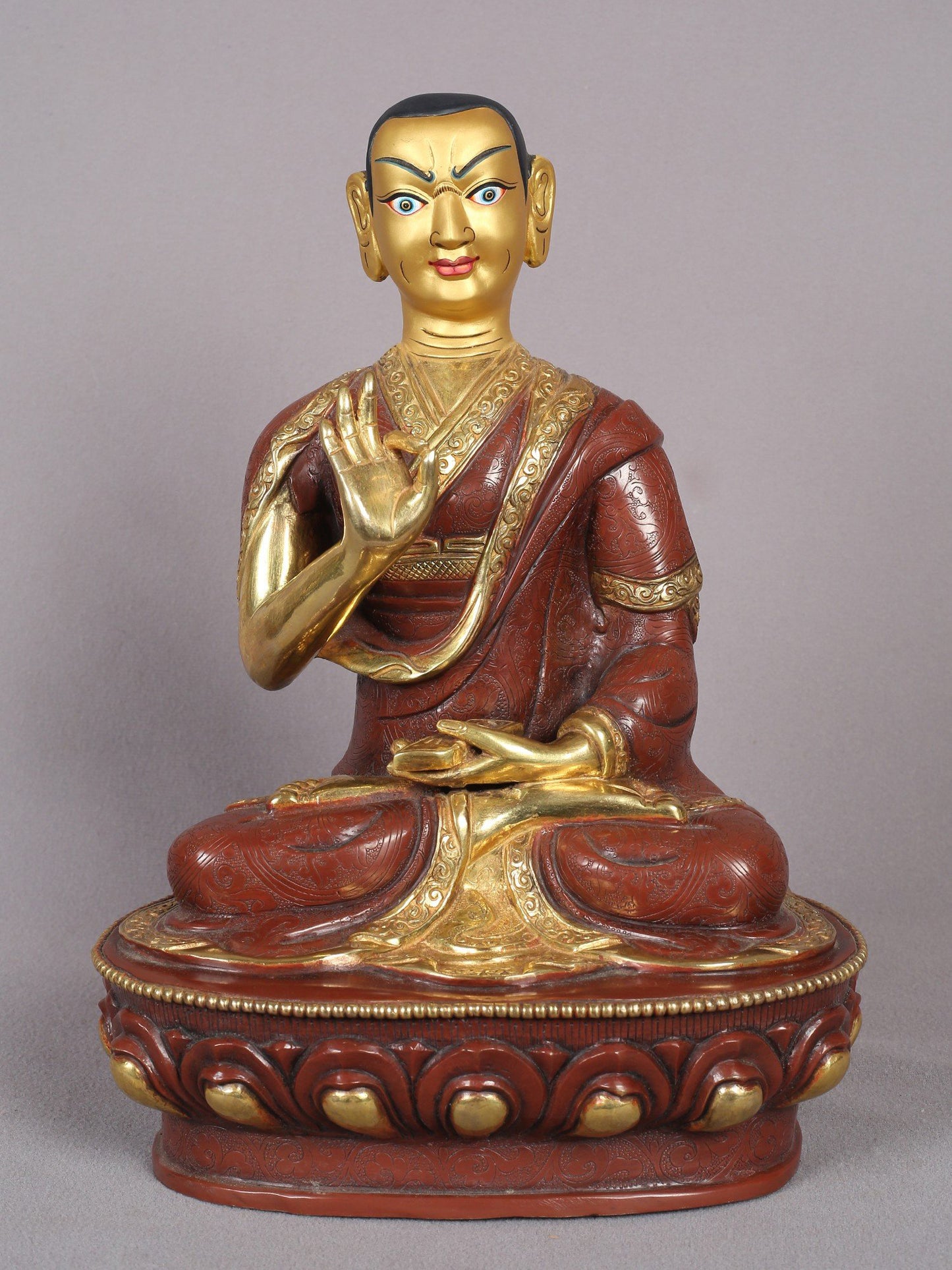 12" Tsongkhapa Statue In Copper With Gold Plated (Set of 3) From Nepal | Handmade Idol