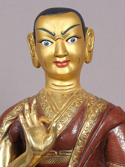 12" Tsongkhapa Statue In Copper With Gold Plated (Set of 3) From Nepal | Handmade Idol