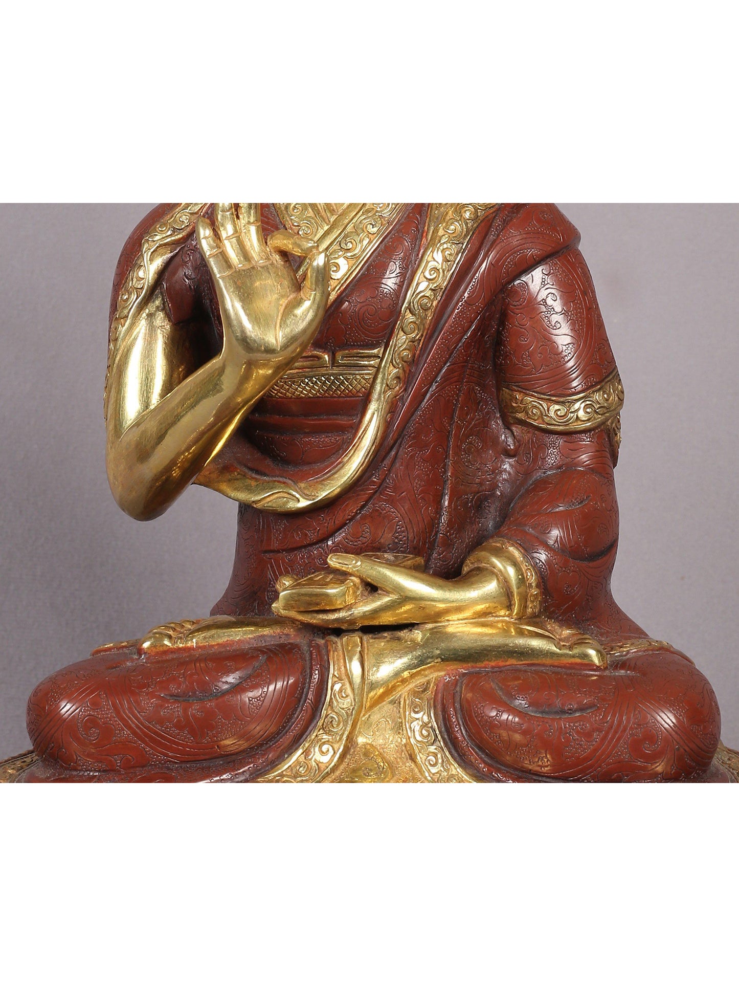 12" Tsongkhapa Statue In Copper With Gold Plated (Set of 3) From Nepal | Handmade Idol