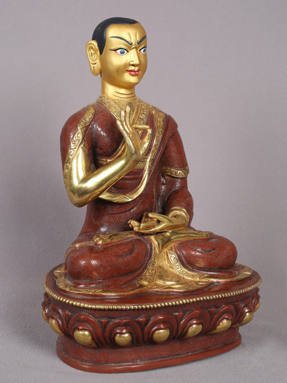 12" Tsongkhapa Statue In Copper With Gold Plated (Set of 3) From Nepal | Handmade Idol