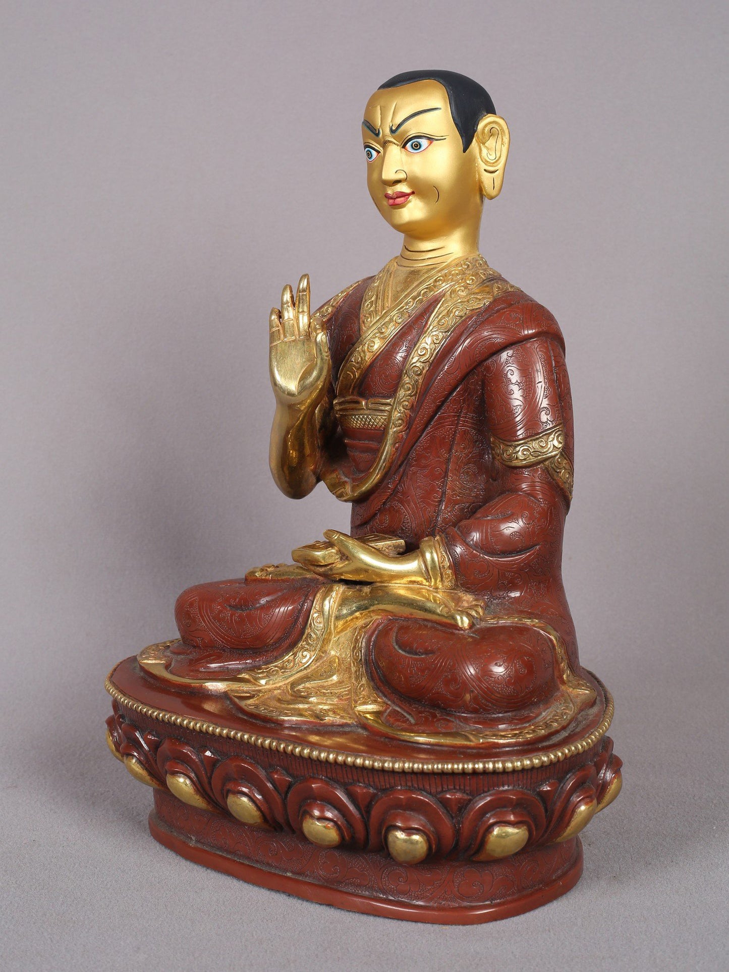 12" Tsongkhapa Statue In Copper With Gold Plated (Set of 3) From Nepal | Handmade Idol