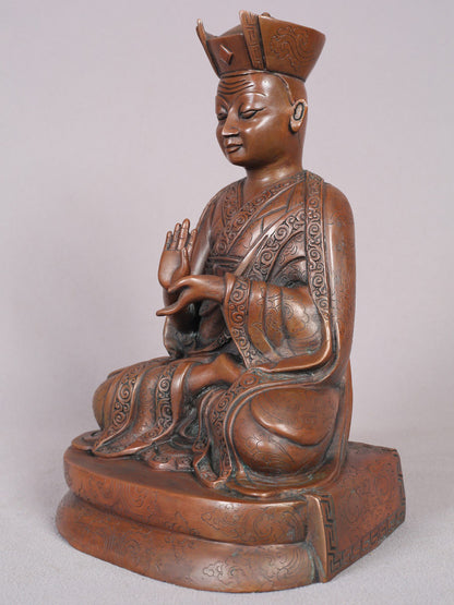 9" Copper Karmapa Statue From Nepal | Handmade Idol | Copper Figurine