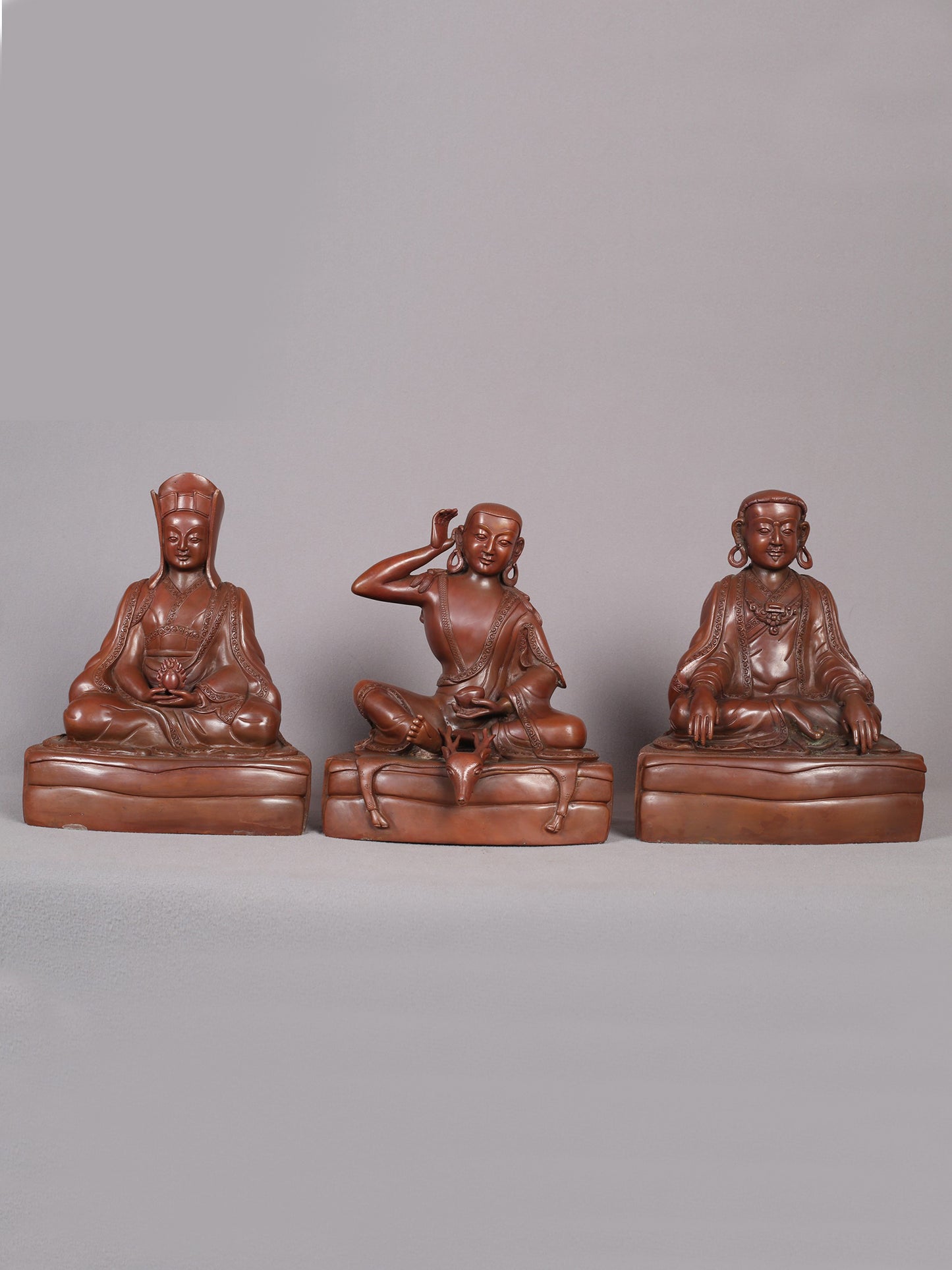 21" Set Of Three Buddhist Gurus Copper Statue - Gampopa, Milarepa And Marpa Lotsawa