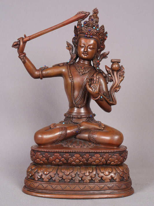 13" Manjushri Copper Statue From Nepal | Handmade Idol | Copper Figurine